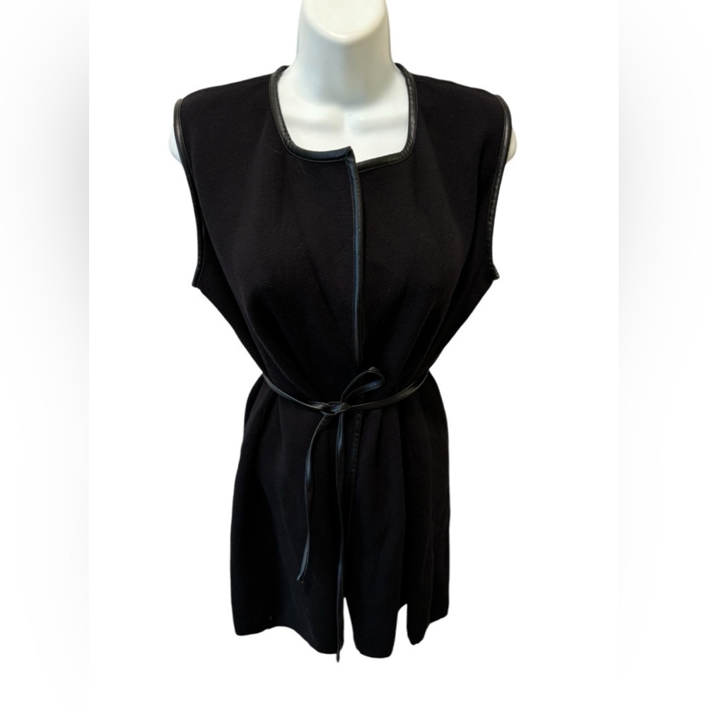 J. McLaughlin Longline Merino Wool Vest Size S Leather Tied Trim Black Classic